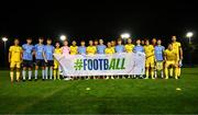 6 November 2024; Players from both sides stand for a photograph with a UEFA banner before the UEFA Youth League second round 2nd leg match between UCD and 2 Korriku at UCD Bowl in Dublin. Photo by Tyler Miller/Sportsfile