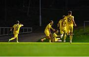 6 November 2024; Rin Ahmeti of 2 Korriku, third from left, celebrates with team-mates after scoring their side's first goal during the UEFA Youth League second round 2nd leg match between UCD and 2 Korriku at UCD Bowl in Dublin. Photo by Tyler Miller/Sportsfile