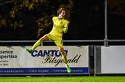 6 November 2024; Omer Shala of 2 Korriku celebrates after scoring his side's third goal during the UEFA Youth League second round 2nd leg match between UCD and 2 Korriku at UCD Bowl in Dublin. Photo by Tyler Miller/Sportsfile