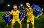 6 November 2024; Leon Miftari, let, and Nderim Abdullahu of 2 Korriku celebrate after the UEFA Youth League second round 2nd leg match between UCD and 2 Korriku at UCD Bowl in Dublin. Photo by Tyler Miller/Sportsfile