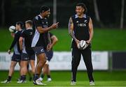7 November 2024; Rieko Ioane, right, and Mark Tele’a during a New Zealand Rugby captain's run at the UCD Bowl in Dublin. Photo by Seb Daly/Sportsfile