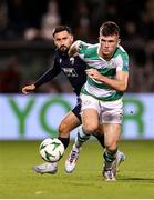 7 November 2024; Josh Honohan of Shamrock Rovers in action against Ryan Brobbel of The New Saints during the UEFA Conference League 2024/25 league phase match between Shamrock Rovers and The New Saints at Tallaght Stadium in Dublin. Photo by Thomas Flinkow/Sportsfile