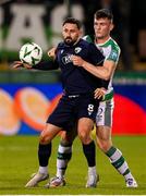 7 November 2024; Ryan Brobbel of The New Saints in action against Josh Honohan of Shamrock Rovers during the UEFA Conference League 2024/25 league phase match between Shamrock Rovers and The New Saints at Tallaght Stadium in Dublin. Photo by Stephen McCarthy/Sportsfile