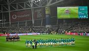 8 November 2024; The Ireland team face the New Zealand team as they perform the Haka before the Autumn Nations Series match between Ireland and New Zealand at the Aviva Stadium in Dublin. Photo by Sam Barnes/Sportsfile