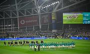 8 November 2024; The Ireland team face the New Zealand team as they perform the Haka before the Autumn Nations Series match between Ireland and New Zealand at the Aviva Stadium in Dublin. Photo by Sam Barnes/Sportsfile