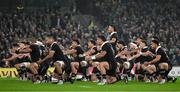 8 November 2024; Rieko Ioane of New Zealand leads his team as they perform the Haka before the Autumn Nations Series match between Ireland and New Zealand at the Aviva Stadium in Dublin. Photo by Brendan Moran/Sportsfile