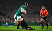 8 November 2024; James Ryan of Ireland is tackled by Sam Cane of New Zealand during the Autumn Nations Series match between Ireland and New Zealand at the Aviva Stadium in Dublin. Photo by Brendan Moran/Sportsfile