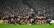 8 November 2024; Rieko Ioane of New Zealand leads his side in the Haka before the Autumn Nations Series match between Ireland and New Zealand at the Aviva Stadium in Dublin. Photo by Brendan Moran/Sportsfile