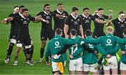 8 November 2024; The Ireland team face down New Zealand players as they perform the Haka the Autumn Nations Series match between Ireland and New Zealand at the Aviva Stadium in Dublin. Photo by Sam Barnes/Sportsfile