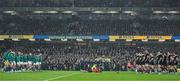 8 November 2024; The Ireland team walk towards the New Zealand team as they perform the Haka before the Autumn Nations Series match between Ireland and New Zealand at the Aviva Stadium in Dublin. Photo by Brendan Moran/Sportsfile