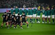 8 November 2024; The Ireland team walk towards the New Zealand Haka before the Autumn Nations Series match between Ireland and New Zealand at the Aviva Stadium in Dublin. Photo by Brendan Moran/Sportsfile