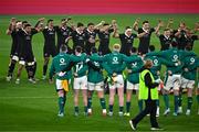 8 November 2024; The Ireland team face down the New Zealand Haka before the Autumn Nations Series match between Ireland and New Zealand at the Aviva Stadium in Dublin. Photo by Sam Barnes/Sportsfile