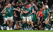 8 November 2024; Josh van der Flier of Ireland is congratulated by team-mate Caelan Doris after scoring their side's first try during the Autumn Nations Series match between Ireland and New Zealand at the Aviva Stadium in Dublin. Photo by Seb Daly/Sportsfile