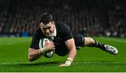 8 November 2024; Will Jordan of New Zealand scores his side's first try during the Autumn Nations Series match between Ireland and New Zealand at the Aviva Stadium in Dublin. Photo by Seb Daly/Sportsfile