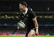8 November 2024; Will Jordan of New Zealand celebrates after scoring his side's first try during the Autumn Nations Series match between Ireland and New Zealand at the Aviva Stadium in Dublin. Photo by Seb Daly/Sportsfile