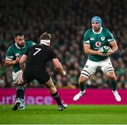 8 November 2024; Tadgh Beirne of Ireland in action against Sam Cane of New Zealand during the Autumn Nations Series match between Ireland and New Zealand at the Aviva Stadium in Dublin. Photo by Seb Daly/Sportsfile
