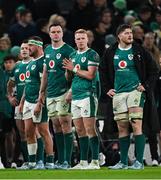 8 November 2024; Ireland players, from left, Cian Healy, Rob Herring, James Ryan, Ciarán Frawley and Joe McCarthy dejected after their side's defeat in the Autumn Nations Series match between Ireland and New Zealand at the Aviva Stadium in Dublin. Photo by Brendan Moran/Sportsfile
