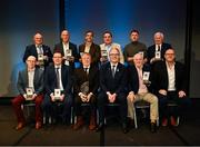 8 November 2024; 2023 MacNamee Award winners are pictured with Uachtarán Chumann Lúthchleas Gael Jarlath Burns during the 2023 GAA MacNamee Awards at Croke Park in Dublin. Photo by Piaras Ó Mídheach/Sportsfile