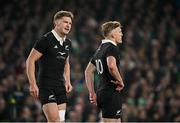 8 November 2024; New Zealand players Jordie Barrett, left, and Damian McKenzie during the Autumn Nations Series match between Ireland and New Zealand at the Aviva Stadium in Dublin. Photo by Seb Daly/Sportsfile