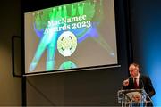 8 November 2024; GAA Director of Communications Alan Milton speaking during the GAA MacNamee Awards at Croke Park in Dublin. Photo by Piaras Ó Mídheach/Sportsfile