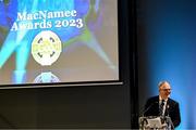 8 November 2024; Uachtarán Chumann Lúthchleas Gael Jarlath Burns speaking during the 2023 GAA MacNamee Awards at Croke Park in Dublin. Photo by Piaras Ó Mídheach/Sportsfile