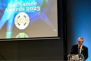 8 November 2024; Uachtarán Chumann Lúthchleas Gael Jarlath Burns speaking during the 2023 GAA MacNamee Awards at Croke Park in Dublin. Photo by Piaras Ó Mídheach/Sportsfile