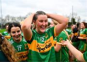 9 November 2024; Sarah Lavin of Kilcock celebrates after her side's victory in the 2024 AIB Leinster LGFA Junior Club Championship final between Baile Dubh Tíre and Kilcock at Coralstown/Kinnegad GAA in Westmeath. Photo by Tyler Miller/Sportsfile