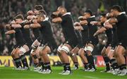 8 November 2024; Jordie Barrett of New Zealand, left, and his teammates during the haka before the Autumn Nations Series match between Ireland and New Zealand at the Aviva Stadium in Dublin. Photo by Brendan Moran/Sportsfile