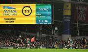 8 November 2024; Damian McKenzie of New Zealand kicks a penalty, with the kick timer showing 17 seconds remaining, and a spidercam in the foreground, during the Autumn Nations Series match between Ireland and New Zealand at the Aviva Stadium in Dublin. Photo by Brendan Moran/Sportsfile