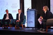 9 November 2024; Dr Ronan Kearney, left, and Dr Ciaran Cosgrave in conversation with MC Ger Gilroy during the UPMC Orthopaedic and Sports Medicine Conference at Croke Park in Dublin. Photo by David Fitzgerald/Sportsfile