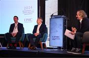 9 November 2024; Dr Ronan Kearney, left, and Dr Ciaran Cosgrave in conversation with MC Ger Gilroy during the UPMC Orthopaedic and Sports Medicine Conference at Croke Park in Dublin. Photo by David Fitzgerald/Sportsfile