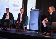9 November 2024; Dr Ronan Kearney, left, and Dr Ciaran Cosgrave in conversation with MC Ger Gilroy during the UPMC Orthopaedic and Sports Medicine Conference at Croke Park in Dublin. Photo by David Fitzgerald/Sportsfile