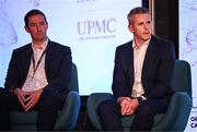 9 November 2024; Dr Ronan Kearney, left, and Dr Ciaran Cosgrave in conversation with MC Ger Gilroy during the UPMC Orthopaedic and Sports Medicine Conference at Croke Park in Dublin. Photo by David Fitzgerald/Sportsfile