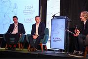 9 November 2024; Dr Ronan Kearney, left, and Dr Ciaran Cosgrave in conversation with MC Ger Gilroy during the UPMC Orthopaedic and Sports Medicine Conference at Croke Park in Dublin. Photo by David Fitzgerald/Sportsfile