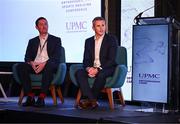 9 November 2024; Dr Ronan Kearney, left, and Dr Ciaran Cosgrave in conversation with MC Ger Gilroy during the UPMC Orthopaedic and Sports Medicine Conference at Croke Park in Dublin. Photo by David Fitzgerald/Sportsfile