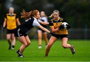 9 November 2024; Liz Lowry of Bennekerry Tinryland in action against Orlaith Duff of Dee Rangers during the 2024 AIB Leinster LGFA Intermediate Club final between Dee Rangers and Bennekerry Tinryland at Coralstown/Kinnegad GAA in Westmeath. Photo by Tyler Miller/Sportsfile