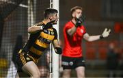 9 November 2024; James Smith of Crosserlough celebrates after scoring his side's first goal during the AIB Ulster GAA Senior Club Football Championship quarter-final match between Kilcoo and Crosserlough at Páirc Esler in Newry, Down. Photo by Ben McShane/Sportsfile