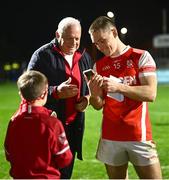 9 November 2024; Con O'Callaghan of Cuala on facetime to a friend after his side's victory in the AIB Leinster GAA Senior Club Football Championship quarter-final match between Naas and Cuala at Cedral St Conleth's Park in Newbridge, Kildare. Photo by Piaras Ó Mídheach/Sportsfile