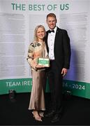 9 November 2024; Olympians, from left, Carolyn Hayes and Russell White in attendance at the Team Ireland Centenary Olympic Ball, in the Clayton Hotel Burling Road in Dublin. Paris 2024 marked 100 years of Team Ireland competing at the Olympic Games. Photo by Seb Daly/Sportsfile