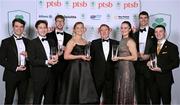 9 November 2024; The Paris 2024 Medallists were the winners of the PTSB Inspiring a Nation Award 2024 which was presented by Eamonn Crowley, CEO of PTSB, title sponsors to Team Ireland. Pictured are, from left, Boxing gold medallist Kellie Harrington, Gymnastics gold medallist Rhys McClenaghan, Swimming gold and bronze medallist Daniel Wiffen, PTSB CEO Eamonn Crowley, Rowing gold medallists Paul O’Donovan and Fintan McCarthy, Rowing bronze medallist Philip Doyle and swimming bronze medallist Mona McSharry. Absent from the event is Rowing bronze medallist Daire Lynch. Photo by Brendan Moran/Sportsfile