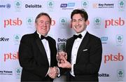 9 November 2024; The Paris 2024 Medallists were the winners of the PTSB Inspiring a Nation Award 2024 which was presented by Eamonn Crowley, CEO of PTSB, title sponsors to Team Ireland. Pictured is PTSB CEO Eamonn Crowley, left, and Rowing gold medallist Paul O’Donovan. Photo by Brendan Moran/Sportsfile