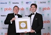 9 November 2024; The Paris 2024 Medallists were the winners of the PTSB Inspiring a Nation Award 2024 which was presented by Eamonn Crowley, CEO of PTSB, title sponsors to Team Ireland. Pictured is PTSB CEO Eamonn Crowley, left, and Rowing gold medallist Paul O’Donovan. Photo by Brendan Moran/Sportsfile