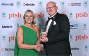 9 November 2024; Six-time Olympian Terry McHugh is presented with the President’s Award 2024 by Olympic Federation of Ireland president Sarah Keane. Terry is the only Irish Olympian who has competed in six Olympic Games – four Summer Games as a Javelin Thrower, and two Winter Games as a Bobsleigh athlete. Photo by Brendan Moran/Sportsfile