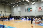 10 November 2024; The Israel and Ireland teams stand for the national anthems before the FIBA Women's Europe Eurobasket 2025 Championship qualifier match between Ireland and Israel at the Rimi Olympic Centre in Riga, Latvia. Photo by Oksana Dzadan/Sportsfile