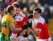 10 November 2024; Conor Ryan of Pádraig Pearses is tackled by Gary Sice of Corofin during the AIB Connacht GAA Senior Club Football Championship quarter-final match between Corofin and Pádraig Pearses at Tuam Stadium in Tuam, Galway. Photo by Piaras Ó Mídheach/Sportsfile