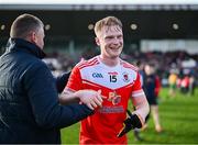 10 November 2024; Paul Carey of Pádraig Pearses celebrates with supporter after his side's victory in the AIB Connacht GAA Senior Club Football Championship quarter-final match between Corofin and Pádraig Pearses at Tuam Stadium in Tuam, Galway. Photo by Piaras Ó Mídheach/Sportsfile