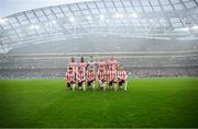 10 November 2024; The Derry City team, back row, from left, Andre Wisdom, Sadou Diallo, goalkeeper Brian Maher, Mark Connolly and Shane McEleney, with, front row, Adam O'Reilly, Paul McMullan, Ronan Boyce, Patrick McEleney, Michael Duffy and Danny Mullen before the Sports Direct Men's FAI Cup Final match between Drogheda United and Derry City at the Aviva Stadium in Dublin. Photo by Seb Daly/Sportsfile