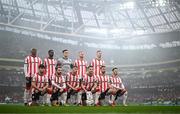 10 November 2024; The Derry City team, back row, from left, Andre Wisdom, Sadou Diallo, goalkeeper Brian Maher, Mark Connolly and Shane McEleney, with, front row, Adam O'Reilly, Paul McMullan, Ronan Boyce, Patrick McEleney, Michael Duffy and Danny Mullen before the Sports Direct Men's FAI Cup Final match between Drogheda United and Derry City at the Aviva Stadium in Dublin. Photo by Stephen McCarthy/Sportsfile