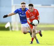 10 November 2024; Cillian McDonald of Tinahely in action against Aaron Leavy of Tullamore during the AIB Leinster GAA Senior Club Football Championship quarter-final match between Tinahely and Tullamore at Echelon Park in Aughrim, Wicklow. Photo by Matt Browne/Sportsfile