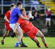 10 November 2024; Rory Stokes of Tinahely in action against Paul McConway of Tullamore during the AIB Leinster GAA Senior Club Football Championship quarter-final match between Tinahely and Tullamore at Echelon Park in Aughrim, Wicklow. Photo by Matt Browne/Sportsfile